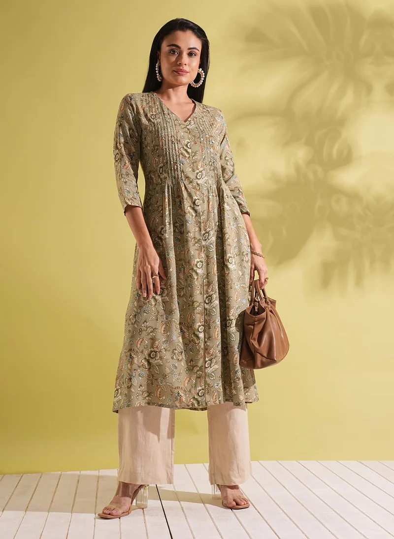 جلو باص كيمونو نسائي بطبعات زهور وفتحة أمامية وطيات وخط